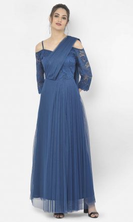 Eavan Teal Blue Self Design Draped Saree Gown