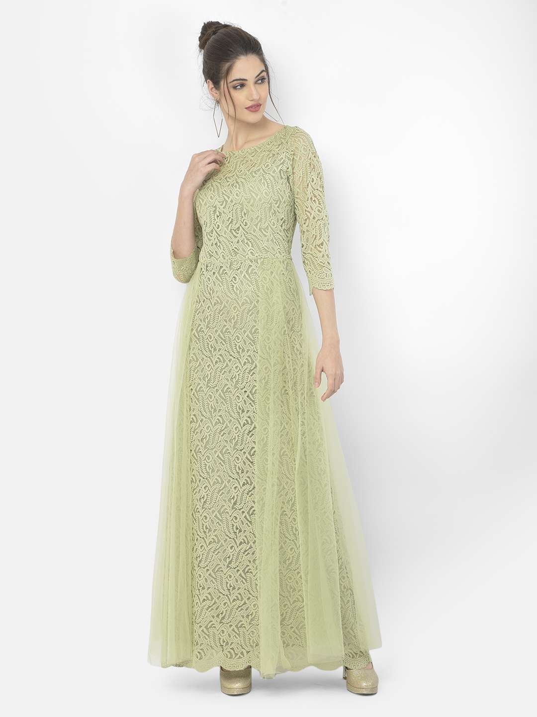 Pista Color Tussar Silk Designer Abaya Style Gown Dress | Heenastyle