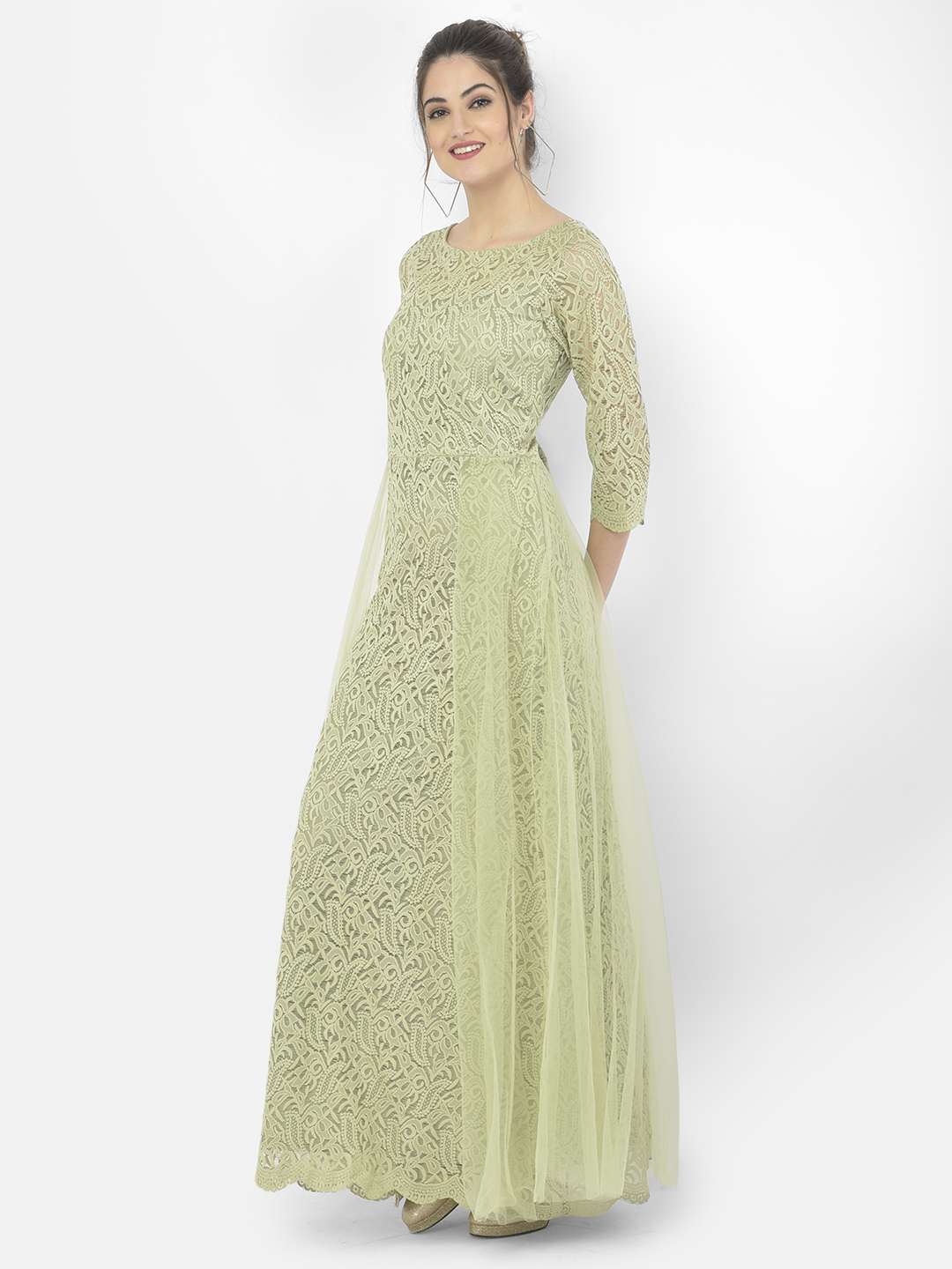 Pista Green Chikankari Net Anarkali Gown – FOURMATCHING