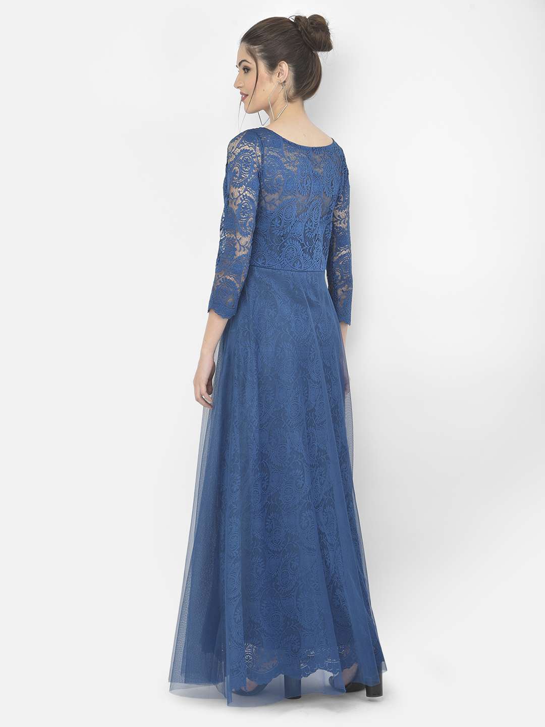 Modest Blue Long Sleeves V-neck Long Lace Evening Prom Dress – Bohogown