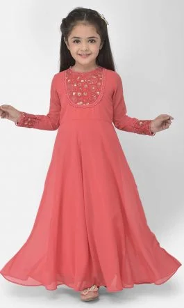 Eavan Girl Coral Embroidered Maxi Dress