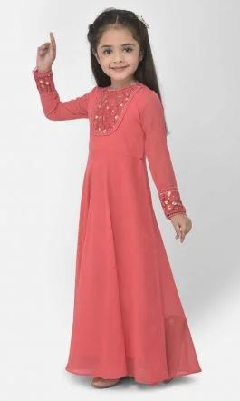 Eavan Girl Coral Embroidered Maxi Dress