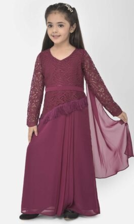 Eavan Girls Burgundy Lace Saree Gown