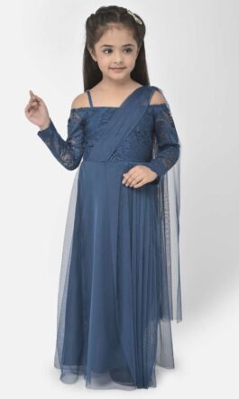 Eavan Girls Teal Blue Draped Saree Gown