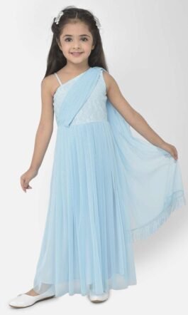 Eavan Girls Turquoise Blue Draped Saree Gown