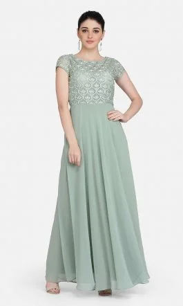 Eavan Pista Green Embroidered Maxi Dress