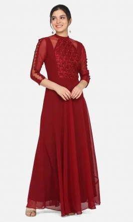 Eavan Maroon Embroidered Maxi Dress