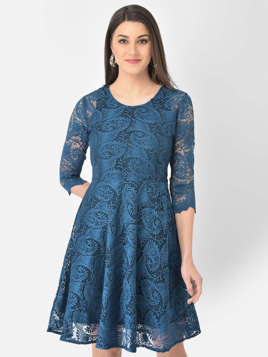 Get Lace Floral Detail Navy Round Neck Body Fit Dress at ₹ 1299 | LBB Shop