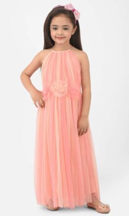 Eavan Girls Peach Halter Neck Maxi Dress