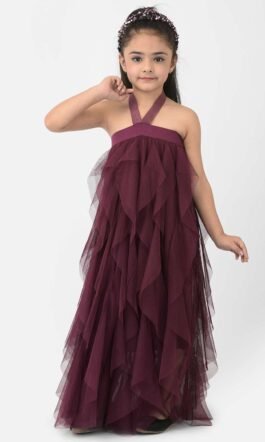 Eavan Girls Burgundy Halter Neck Layered Maxi Dress