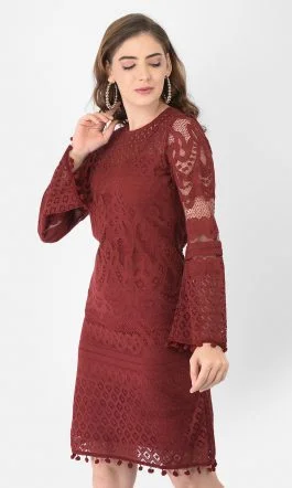 Eavan Maroon Self Design Sheath Dress