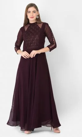 Eavan Burgundy Embroidered Maxi Dress – Georgette, Mandarin Collar