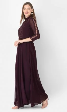 Eavan Burgundy Embroidered Maxi Dress – Georgette, Mandarin Collar