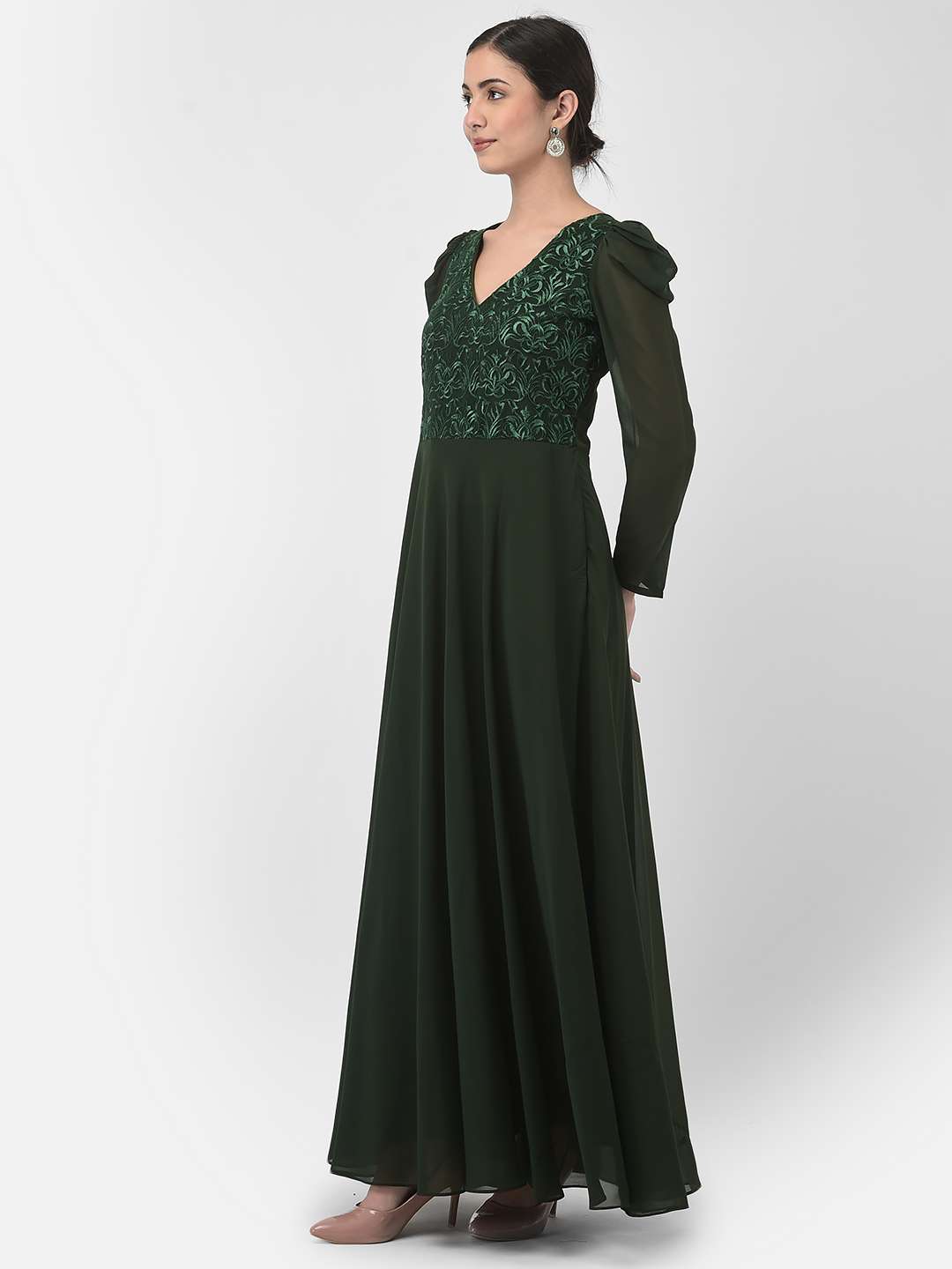 APNISHA Dark Green Embroidered Readymade Gown