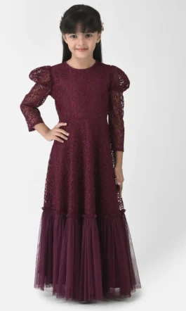 Eavan Girls Burgundy Self Design Maxi Dress