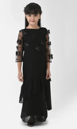 Eavan Girls Black Embellished Draped Saree Gown