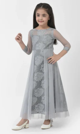 Eavan Girls Grey Embroidered Maxi Dress