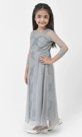 Eavan Girls Grey Embroidered Maxi Dress