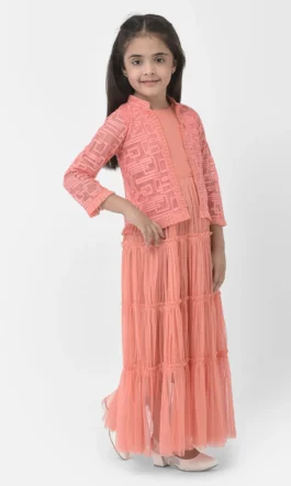 Eavan Girls Peach Embroidered Maxi Dress