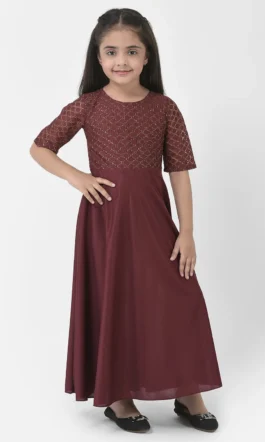 Eavan Girls Maroon Embroidered Maxi Dress