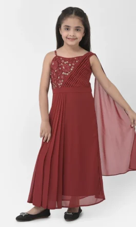 Eavan Girls Red Embroidered Maxi Dress