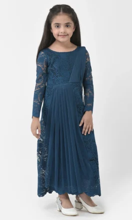 Eavan Girls Teal Blue Embroidered Maxi Dress