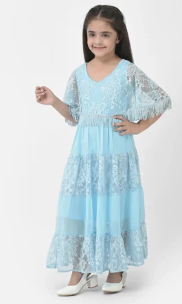 Eavan Girls Turquoise Embroidered Maxi Dress