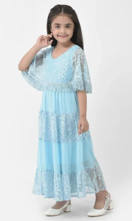 Eavan Girls Turquoise Embroidered Maxi Dress