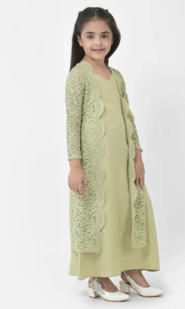 Eavan Girls Green  Embroidered Maxi Dress