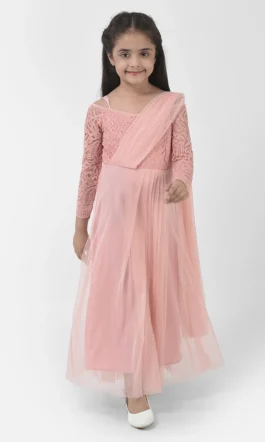 Eavan Girls Peach Embroidered Maxi Dress