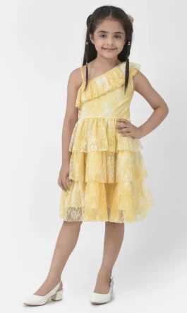 Eavan Girls Yellow Printed Lurex Dress