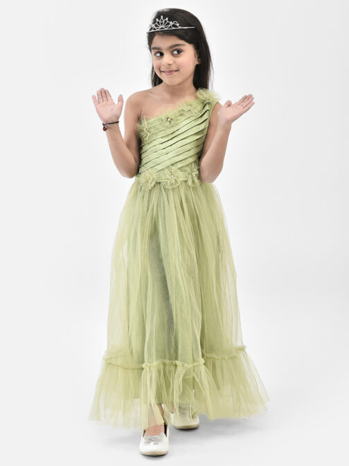 Eavan Girls Lime Green Self Design Party Gown