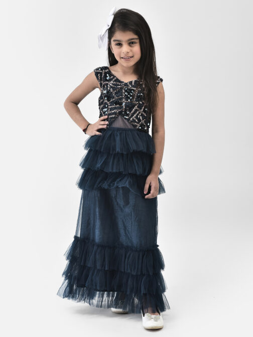 Eavan Girls Navy blue Embroidered Party Gown