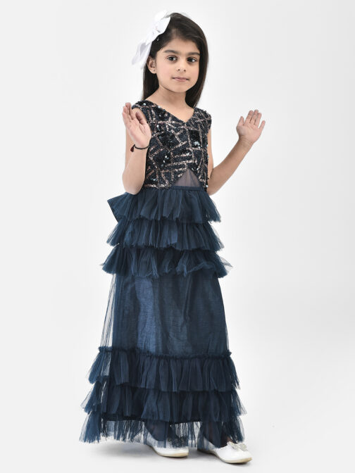 Eavan Girls Navy blue Embroidered Party Gown - Image 3