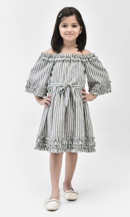 Eavan Girls Grey & White  Self Design Printed strip Casual Dress