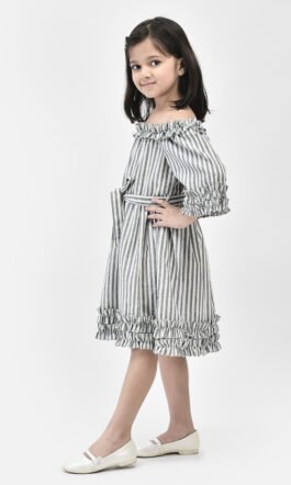 Eavan Girls Grey & White  Self Design Printed strip Casual Dress