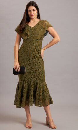 Eavan Olive Green Embellished Midi Dress